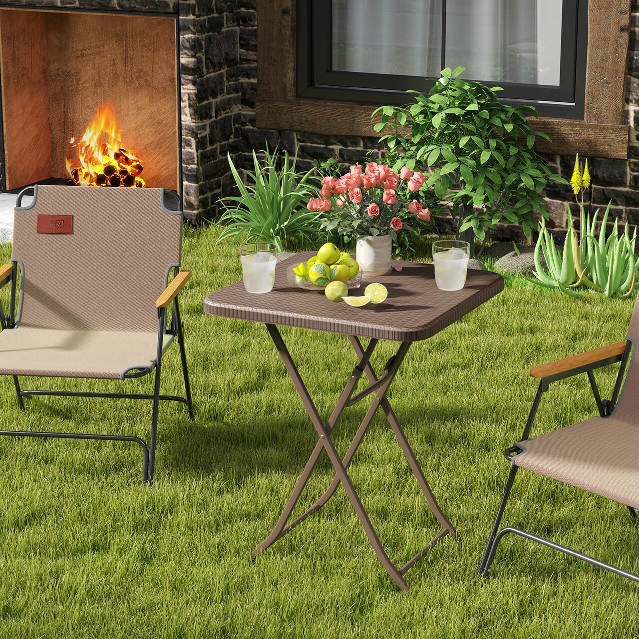 Coffee Foldable Outdoor Picnic Table with Weather-Resistant HDPE Surface and Sturdy Iron Frame